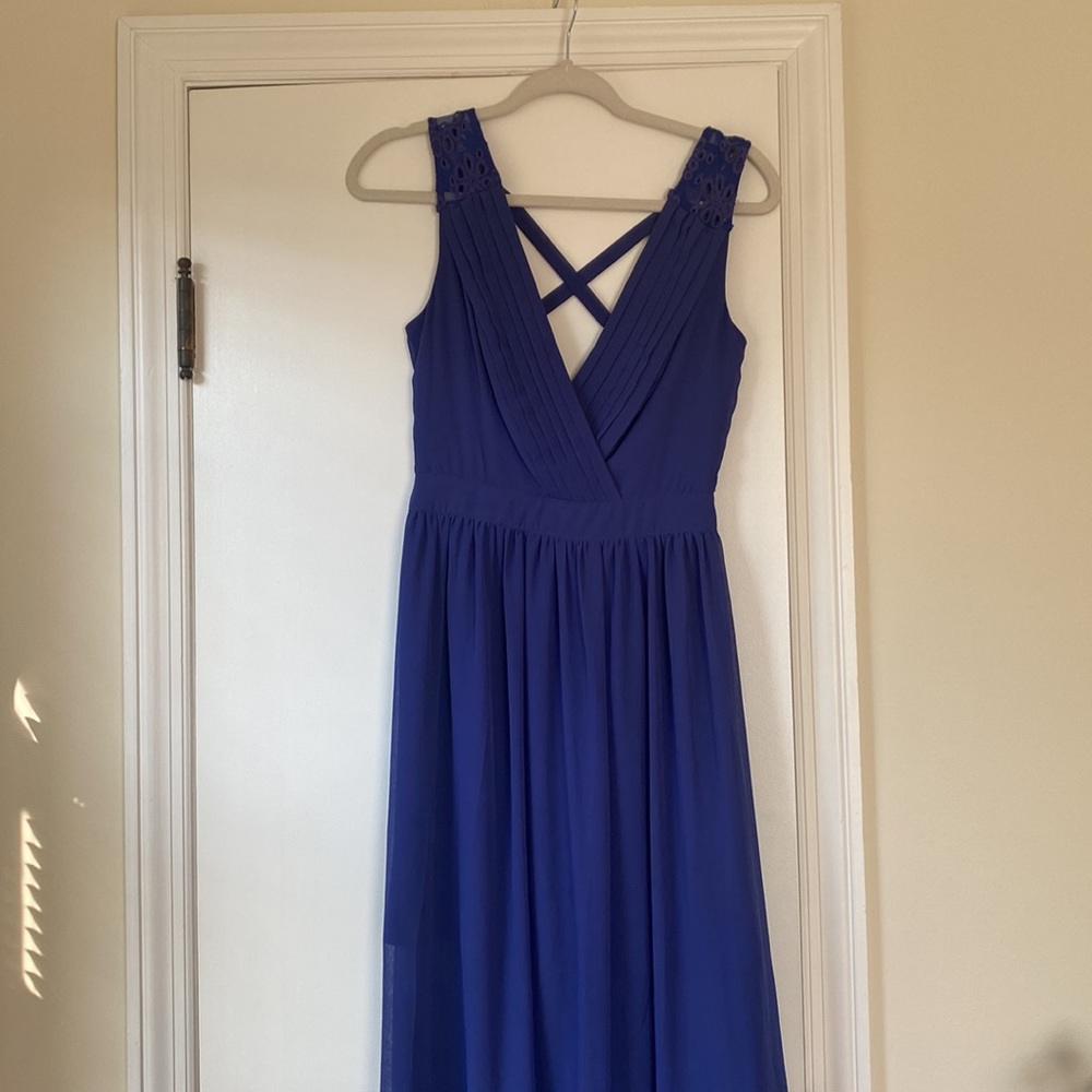 Indigo Blue chiffon maxi dress with cross strap back +zipper enclosure